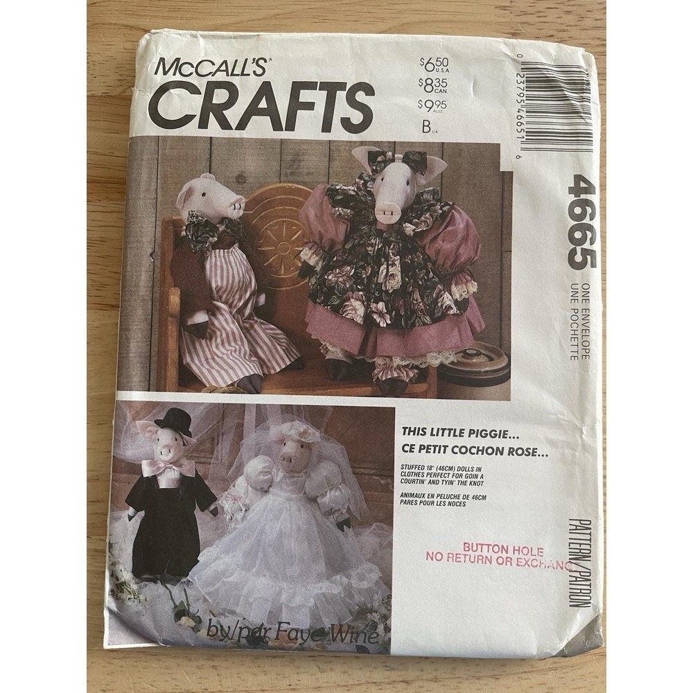18" Pig Plush Doll & Clothes McCalls‎ 4665 Craft Sewing Pattern Piggie UNCUT